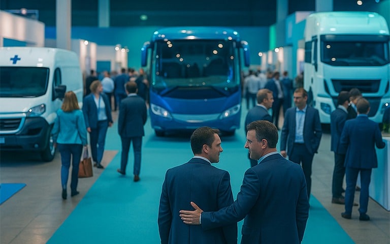 Professionnels du transport en discussion sur un stand au salon Euromove.