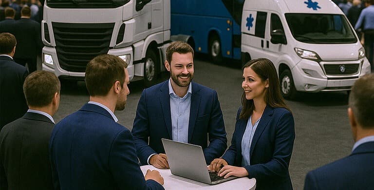 Rencontre business entre exposants et visiteurs du secteur transport routier.