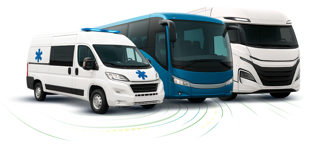 Véhicules professionnels du transport routier : camion, bus et ambulance présentés au salon Euromove.