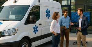 Ambulance connectée sur parking d’hôpital