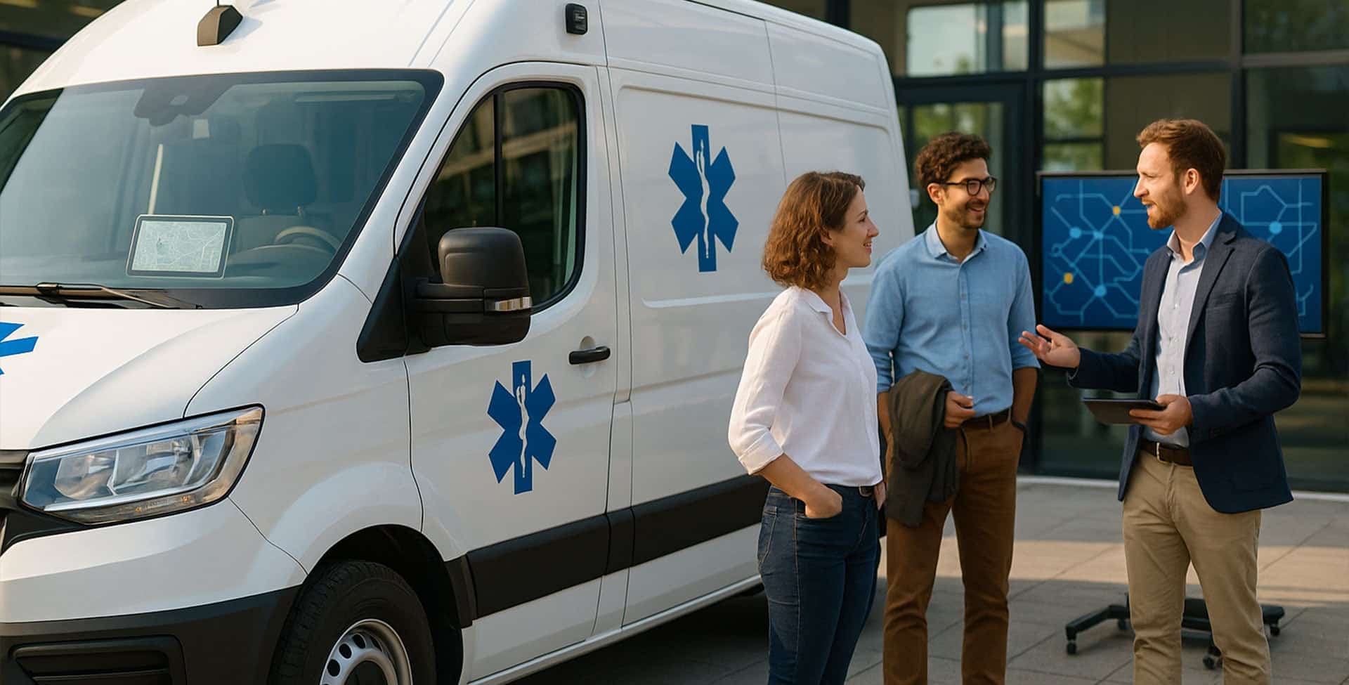 Ambulance connectée sur parking d’hôpital