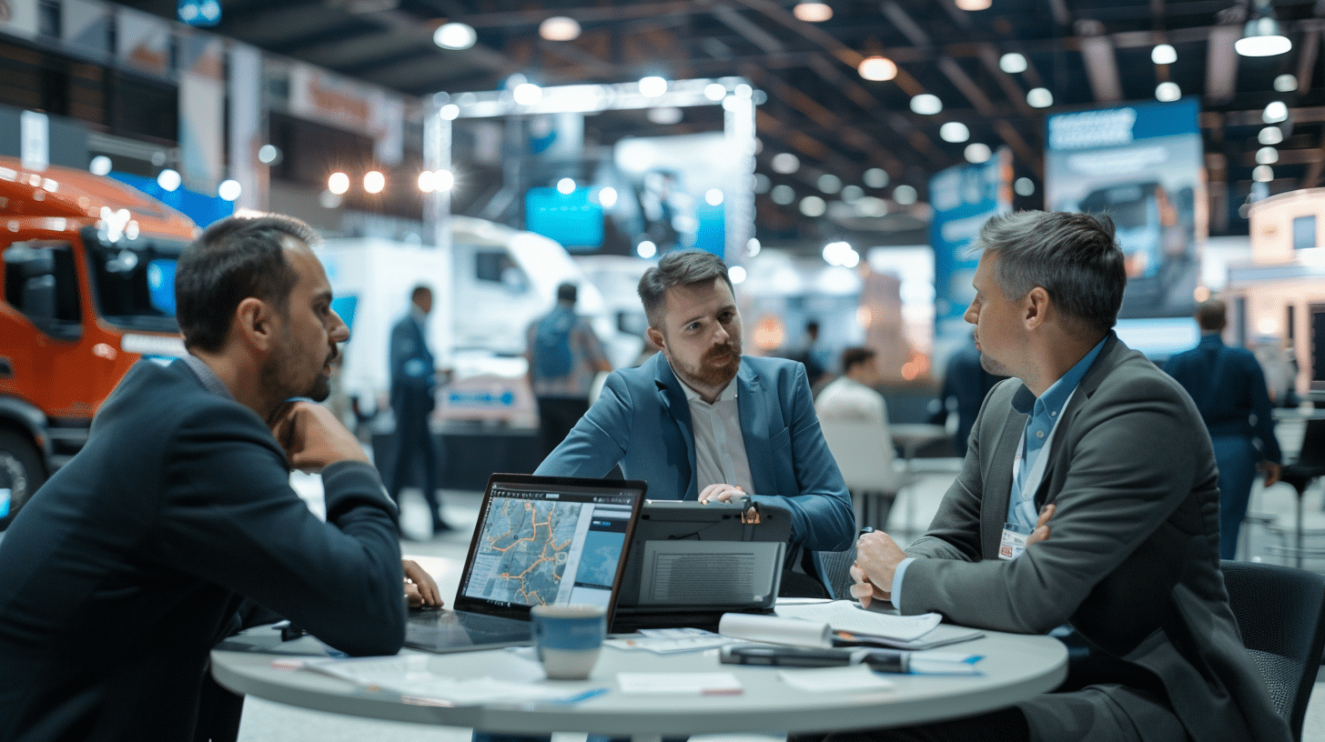Rencontre professionnelle sur un salon dédié au transport routier, trois experts échangent autour d’une table avec ordinateurs ouverts, au cœur d’un espace d’exposition où l’on aperçoit camions et stands des exposants.